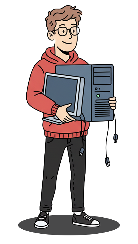 Ein IT-Mitarbeiter trägt einen neuen PC zu einem Kunden